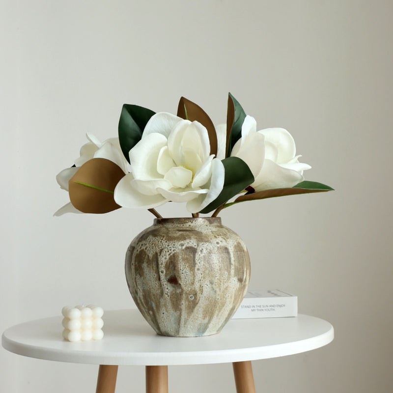 Venta al por mayor de flores artificiales de tacto real con tallo de magnolia blanca de 15 "a granel 
