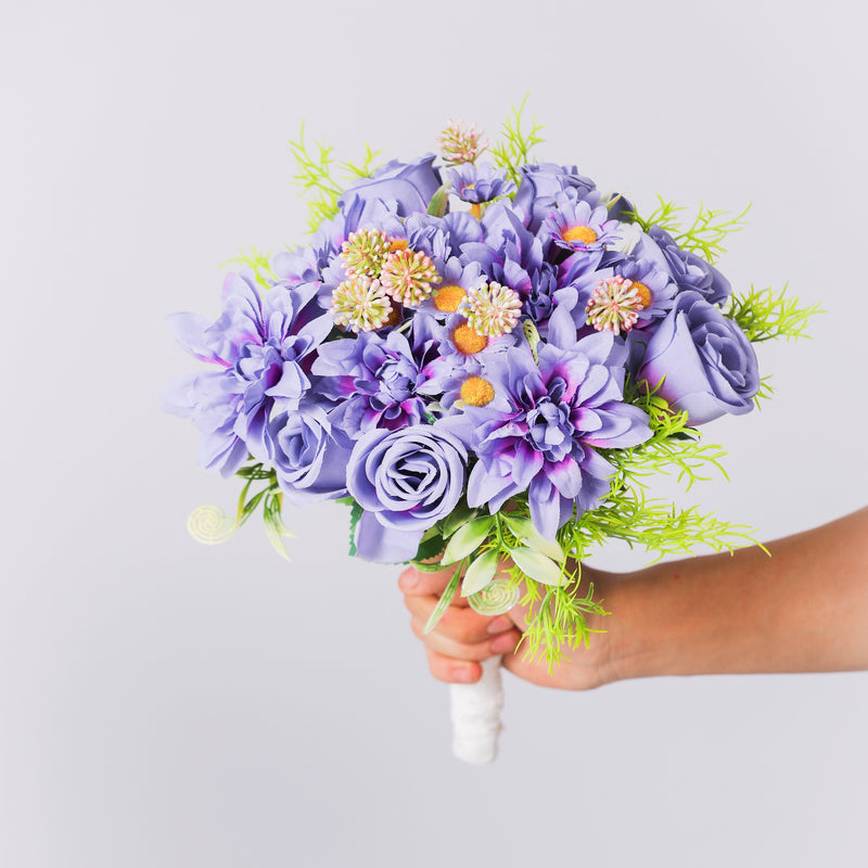 Bulk 9" Small Free-Form Bridal Bouquet in Dream Purple Rose Dahlia and Daisy Bouquet Wholesale