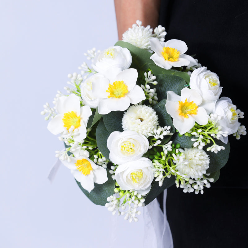 Bulk 7" Small Round Bridal Bouquet in White Daffodils and Peony Bouquet Wholesale