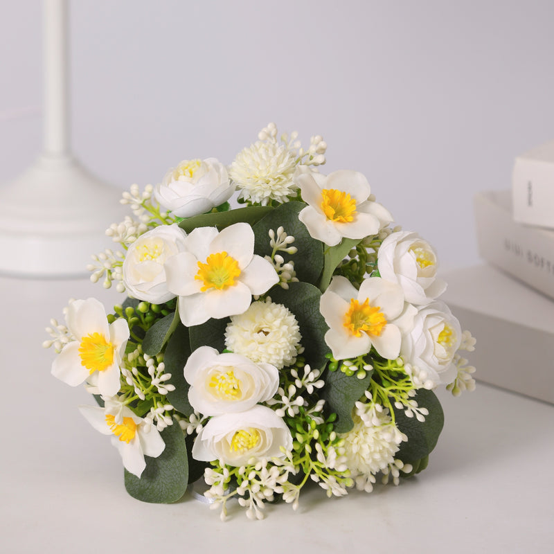 Bulk 7" Small Round Bridal Bouquet in White Daffodils and Peony Bouquet Wholesale
