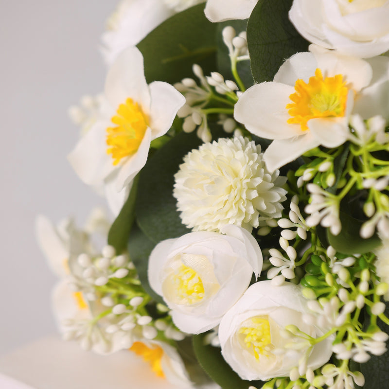 Bulk 7" Small Round Bridal Bouquet in White Daffodils and Peony Bouquet Wholesale