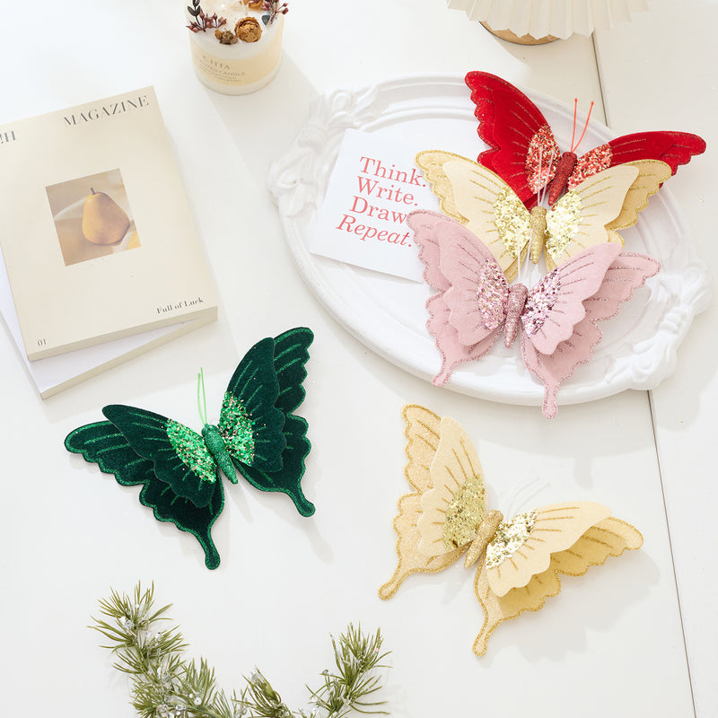 Bulk 4pcs Glitter Velvet Butterfly Ornaments for Christmas Tree, DIY Wreath Decor, Holiday Party Arrangement Wholesale