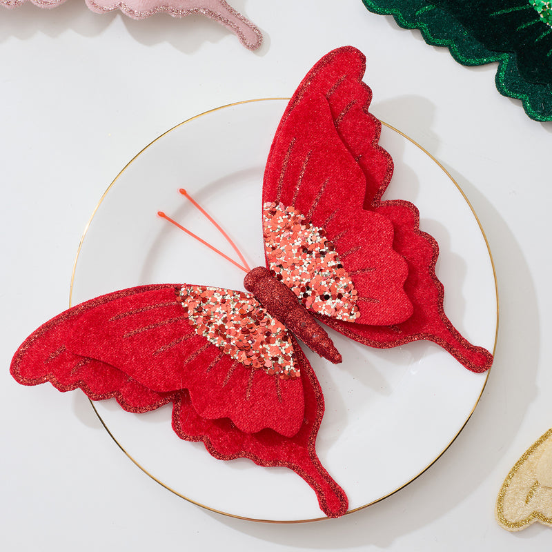 Bulk 4pcs Glitter Velvet Butterfly Ornaments for Christmas Tree, DIY Wreath Decor, Holiday Party Arrangement Wholesale