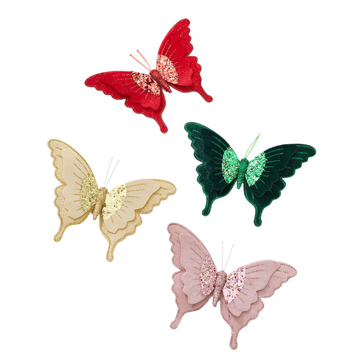 Bulk 4pcs Glitter Velvet Butterfly Ornaments for Christmas Tree, DIY Wreath Decor, Holiday Party Arrangement Wholesale
