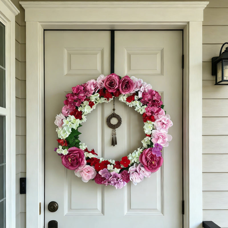 24 Inch Spring Wreath Foldable Artificial Roses Impatiens Chrysanthemums Mixed Flower Wreath