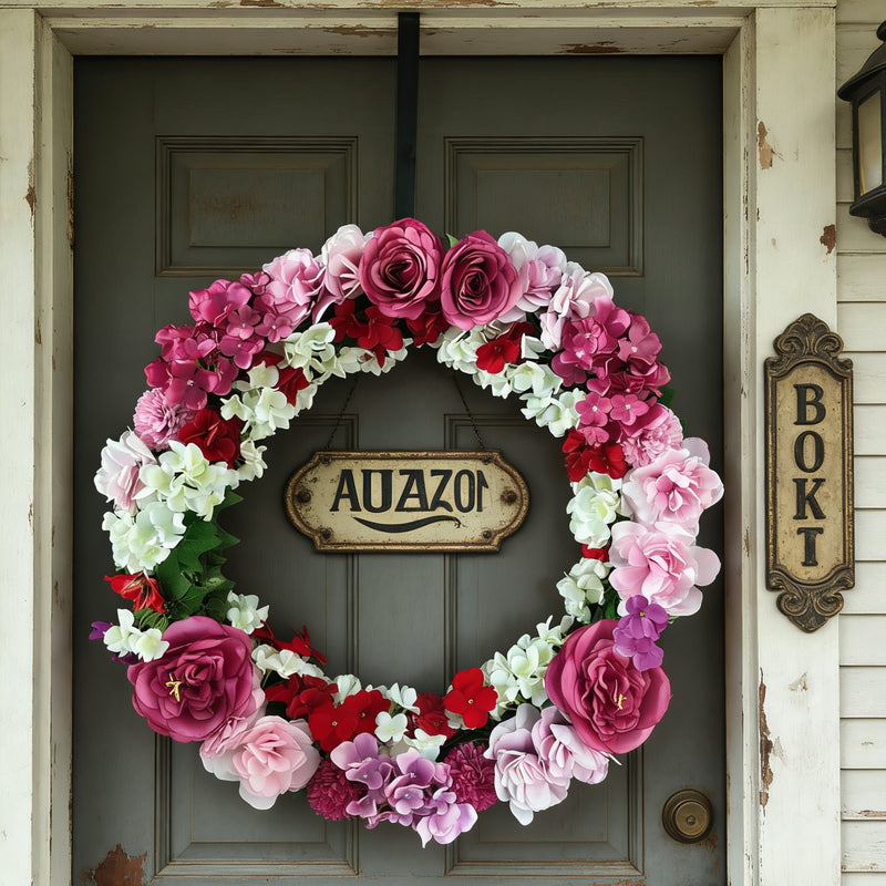 24 Inch Spring Wreath Foldable Artificial Roses Impatiens Chrysanthemums Mixed Flower Wreath