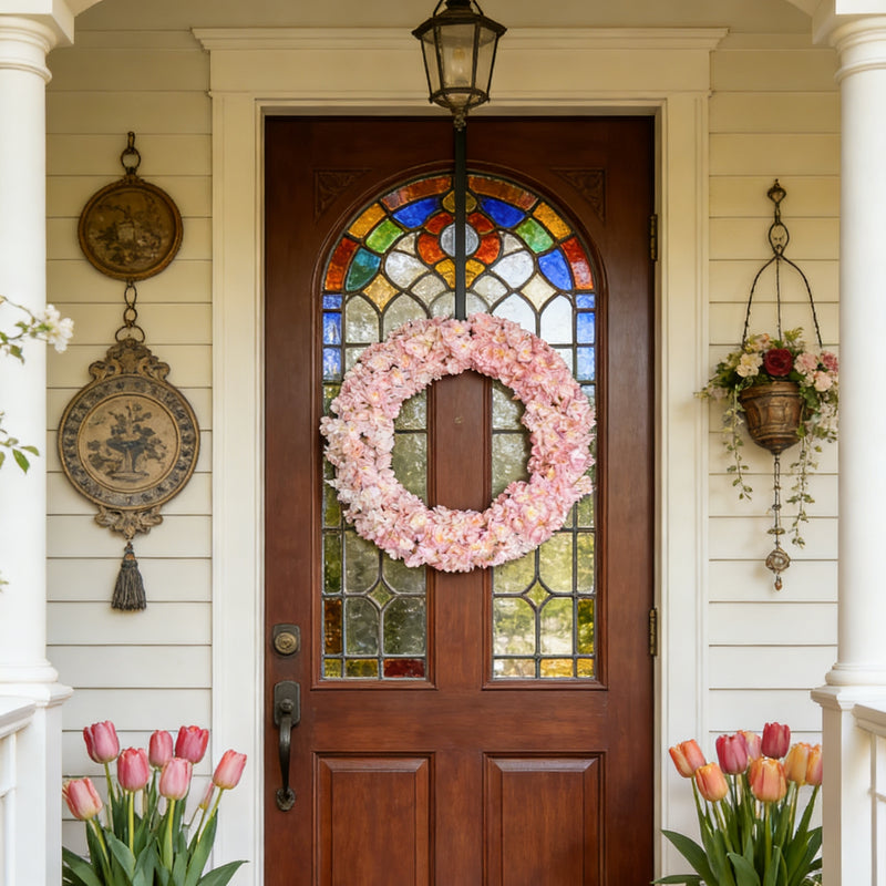 24 Inch Spring Cherry Blossom Wreath - Foldable Artificial Flower Wreath for Front Door