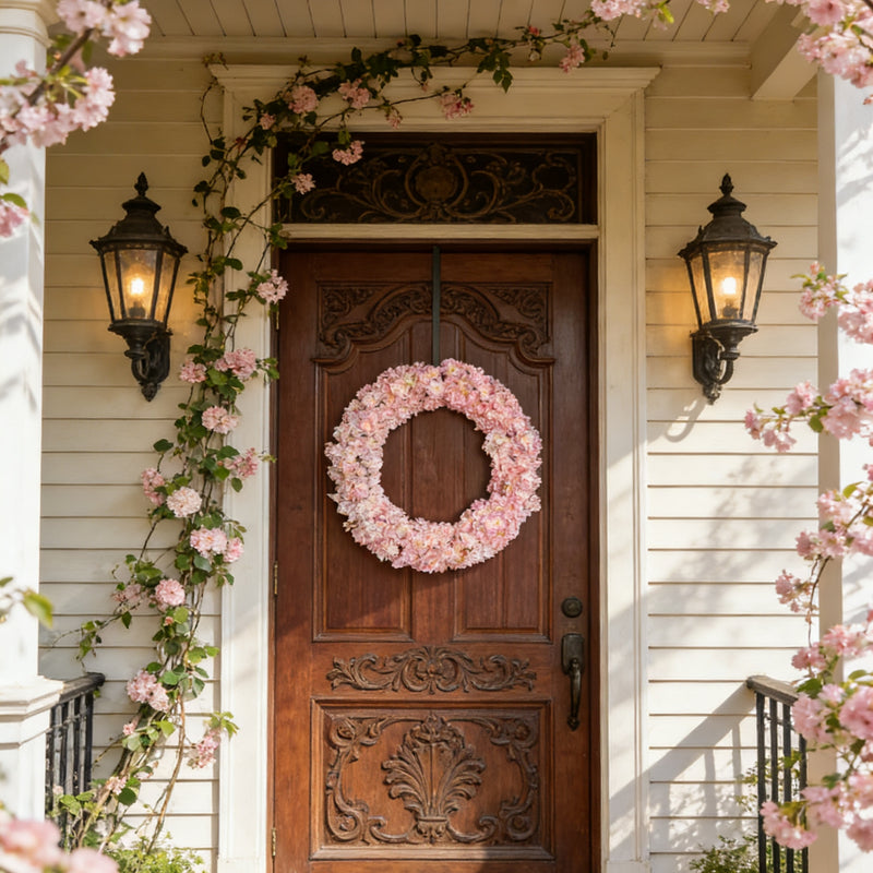 24 Inch Spring Cherry Blossom Wreath - Foldable Artificial Flower Wreath for Front Door