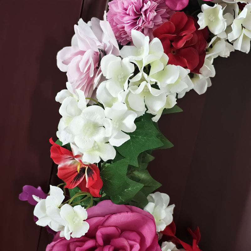 24 Inch Spring Wreath Foldable Artificial Roses Impatiens Chrysanthemums Mixed Flower Wreath