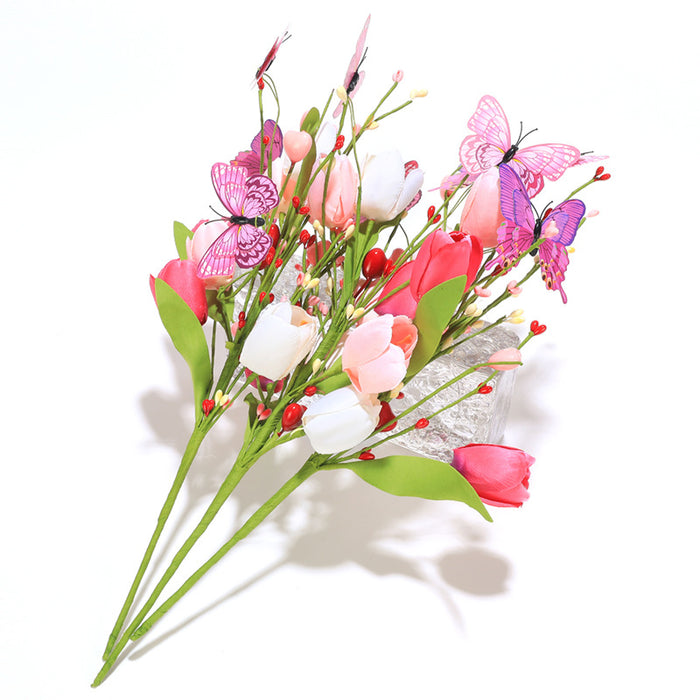 Bulk 3pcs 17" Valentine's Day Flower Bouquet Tulip Rose Branches Stems with Butterfly Wholesale