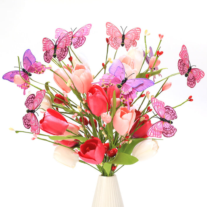 Bulk 3pcs 17" Valentine's Day Flower Bouquet Tulip Rose Branches Stems with Butterfly Wholesale