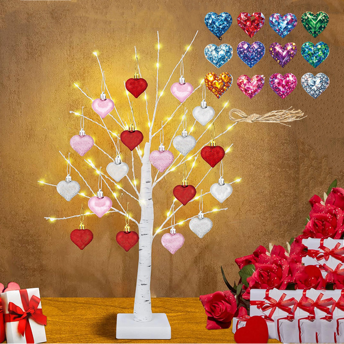 Bulk Valentines Day Decor 23.2" Lighted Birch Tree with 30pcs Heart Tree Ornaments Wholesale