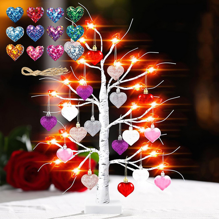 Bulk Valentines Day Decor 23.2" Lighted Birch Tree with 30pcs Heart Tree Ornaments Wholesale