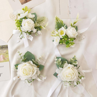 Bulk White Rose Corsage & Wrist Corsage Set for Wedding, Bridesmaid, Prom & Party Decorations Wholesale