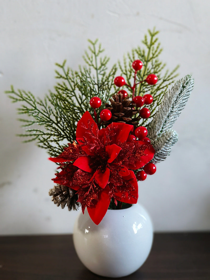 Arrangement floral de Noël à paillettes rouges avec poinsettia pour accents de vacances