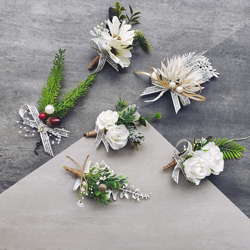 Bulk Rose Wrist Corsage Bracelet and Men Boutonniere Set for White Wedding