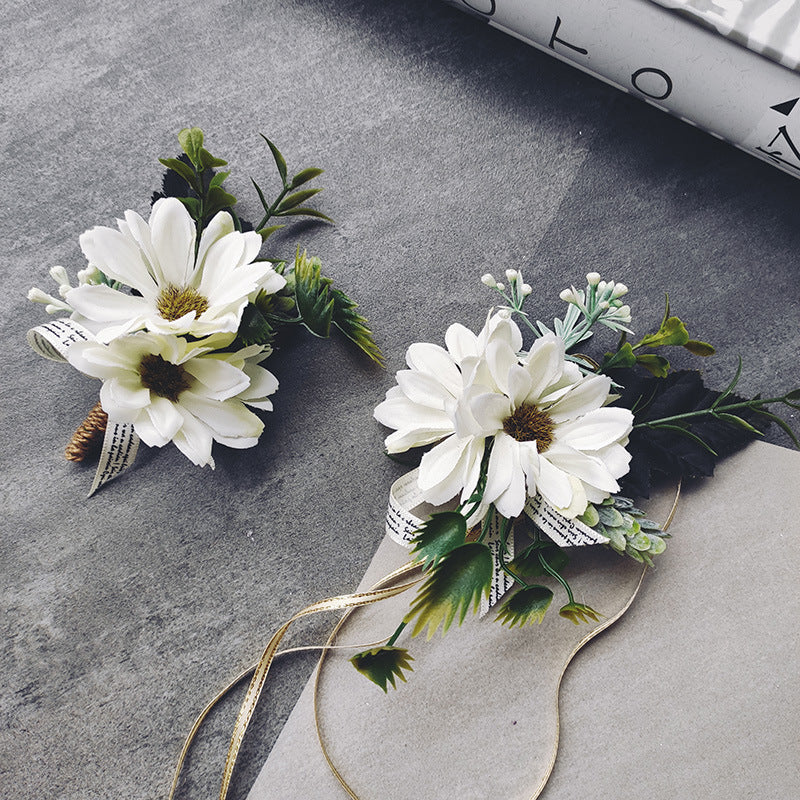 Bulk Rose Wrist Corsage Bracelet and Men Boutonniere Set for White Wedding