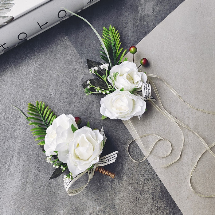 Bulk Rose Wrist Corsage Bracelet and Men Boutonniere Set for White Wedding