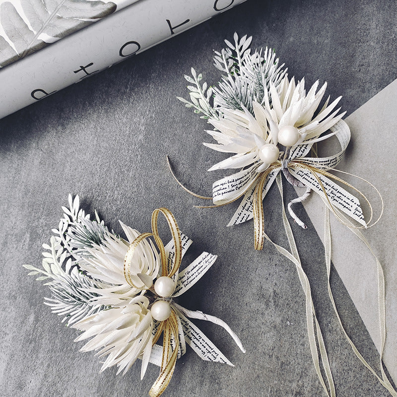 Bulk Rose Wrist Corsage Bracelet and Men Boutonniere Set for White Wedding