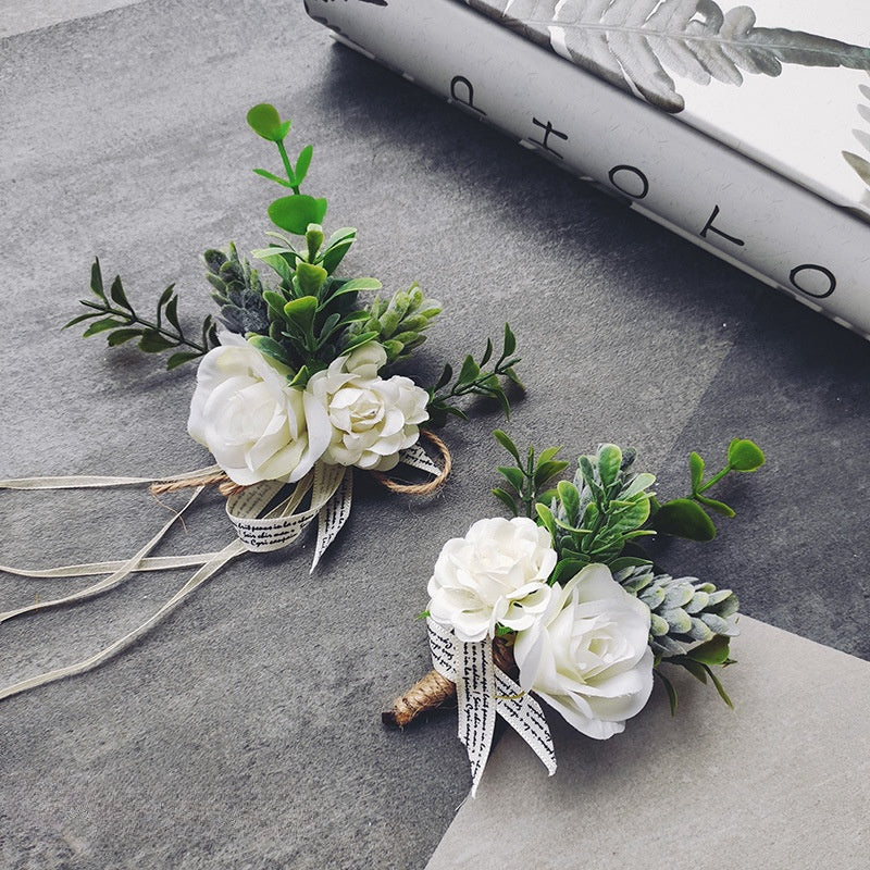Bulk Rose Wrist Corsage Bracelet and Men Boutonniere Set for White Wedding