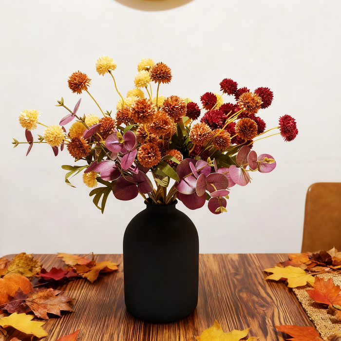 Bulk 17 Branches Fall Artificial Silk Mums Centerpiece - Burnt Orange Deep Yellow & Deep Red Kiku Flowers with Plum Eucalyptus Wholesale
