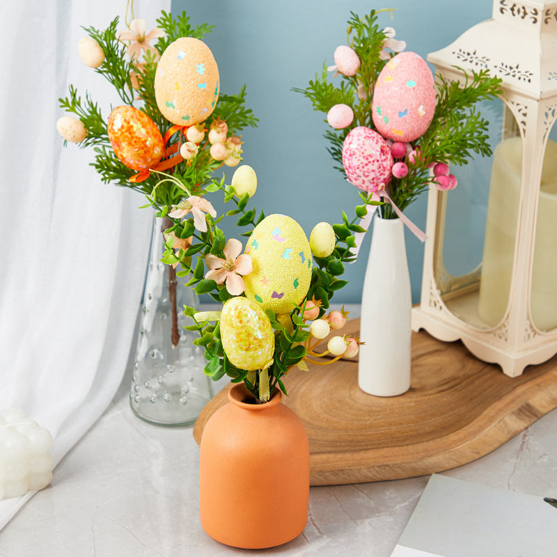 Bulk 6pcs Faux Easter Flowers Stems with Eggs Ornaments Wholesale