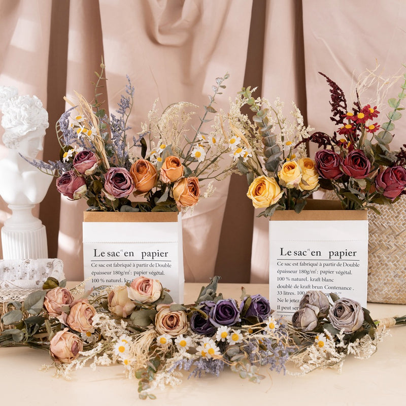 Bouquet de fleurs artificielles d'automne et d'hiver en vrac, bouquet de roses brûlées en gros