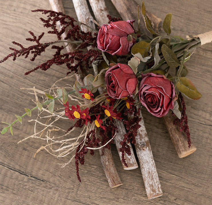 Bouquet de fleurs artificielles d'automne et d'hiver en vrac, bouquet de roses brûlées en gros