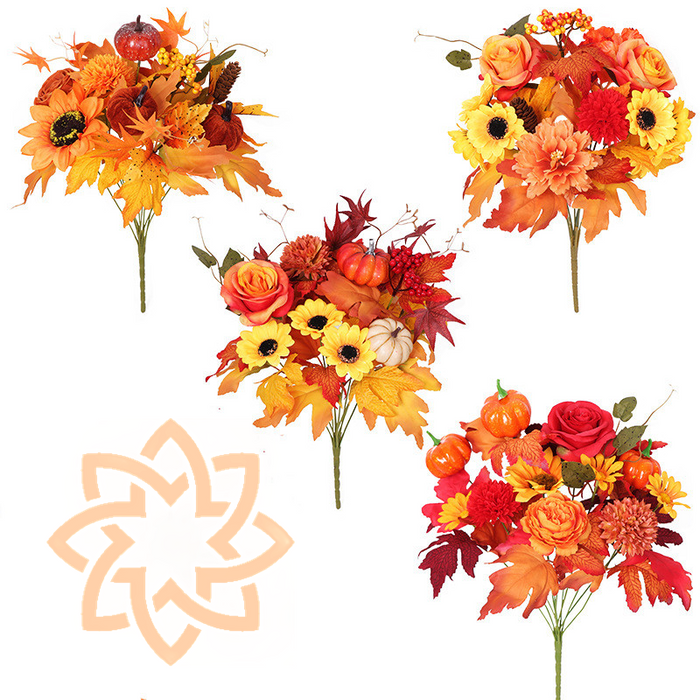 Bulk 17 inches Tall Artificial Fall Flowers Bush Rose Peony Sunflower Mum and Pumpkin Fall Decor Wholesale