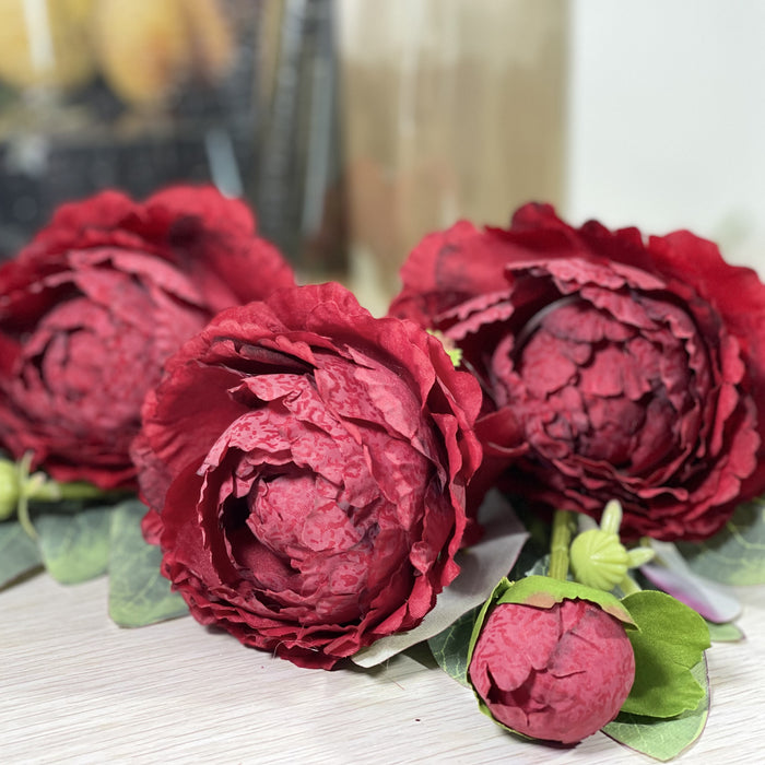Bulk Exclusive 2Pcs Fall Red Artificial Flowers Peony Spray Stems Silk Flowers Bouquet for Home Wedding Thanksgiving Decoration Wholesale