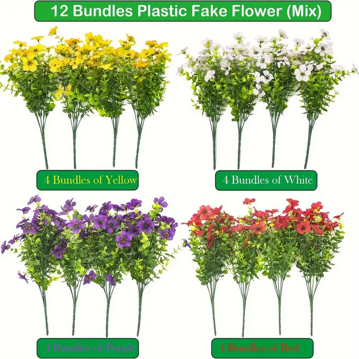 Bulk 12 Bundles Mixed Faux UV Resistant Flowers Bush Shrubs for Outdoors Wholesale