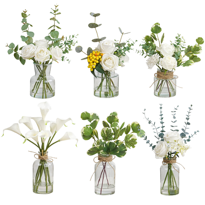 Bulk 6 Styles Artificial Greenery Plants with Flowers in Clear Glass Vase with Faux Water Wholesale
