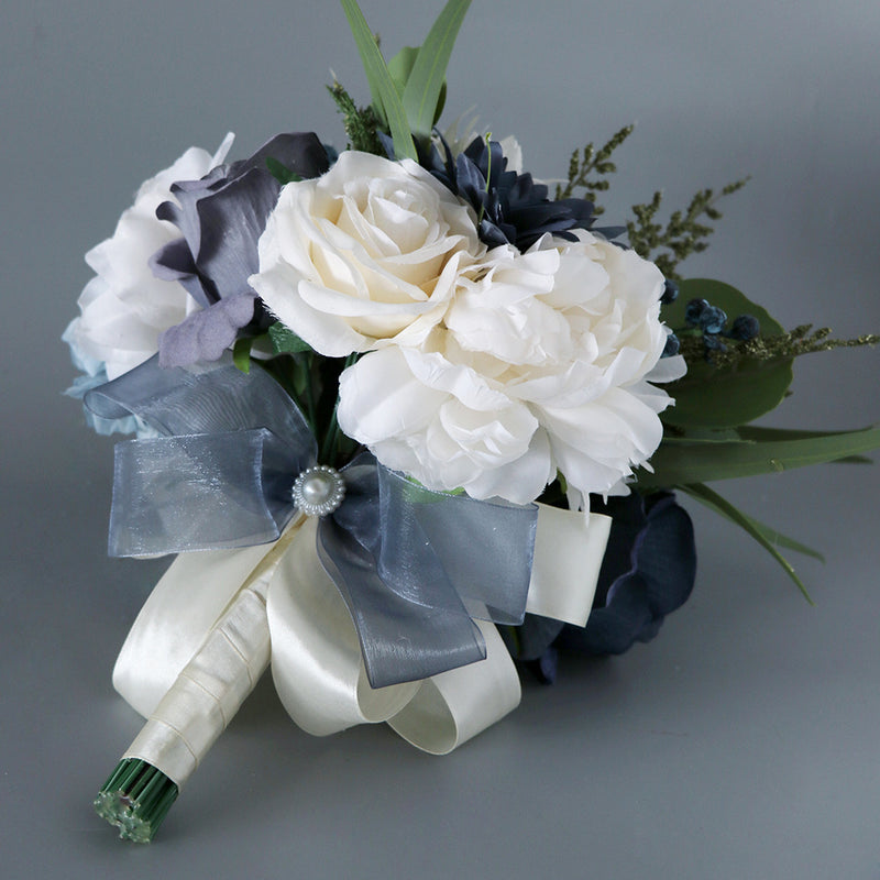 Ramos de novia franceses artificiales a granel Ramos de boda azul marino al por mayor 