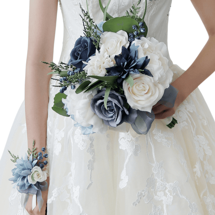Ramos de novia franceses artificiales a granel Ramos de boda azul marino al por mayor 