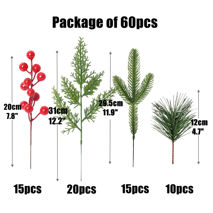 Bulk 60pcs Pine Greenery Branches Stems with Red Holly Berries Christmas Picks Wholesale