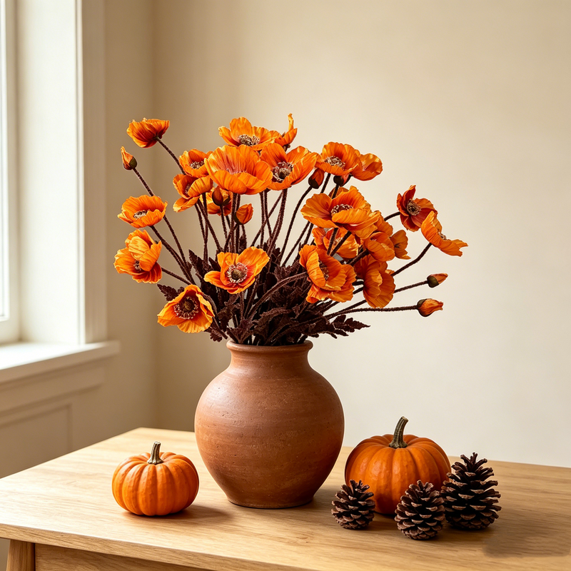 Autumn Faux Poppy Stem, 24" Tall with 3 Blooms & 1 Bud Fall Artificial Flowers for Home Decor & Thanksgiving