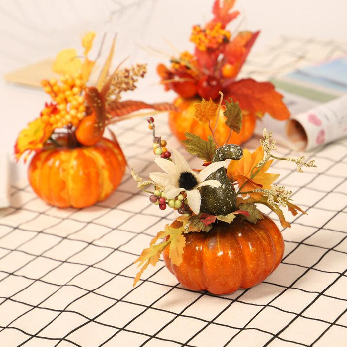 Bulk 3Pcs Artificial Fall Floral Arrangements in Pumpkin Vase Ornaments Wholesale