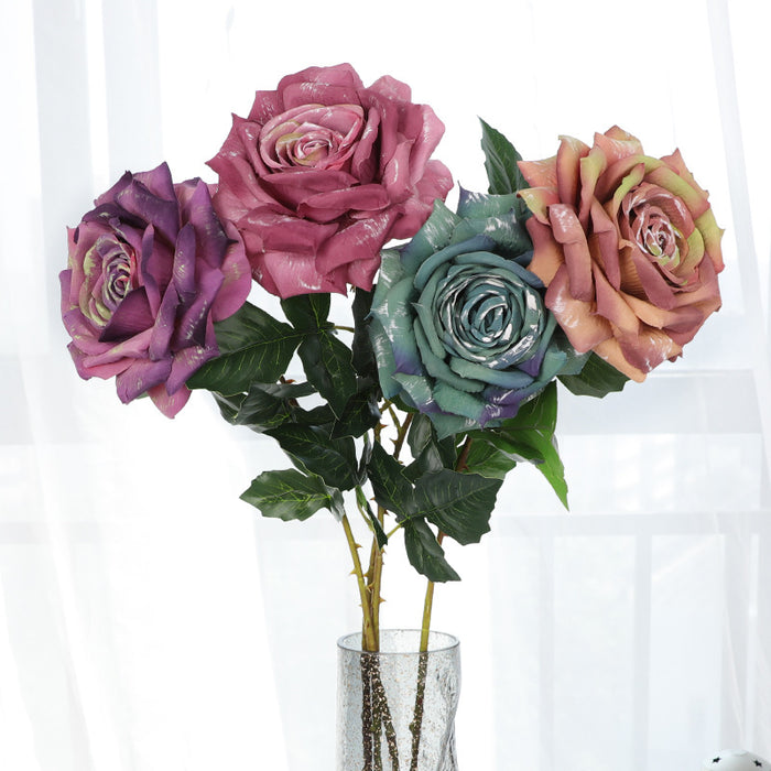 Bulk 3Pcs Vintage 1970s Theme Wedding Rose Stems Silk Flowers Oil Painting Rose Arrangement Wholesale