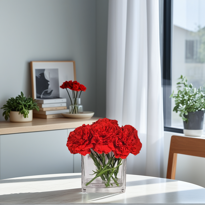 Bulk 7" Red Carnations Real Touch Flowers in Vase with Faux Water Potted Artificial Flowers with Vase Wholesale