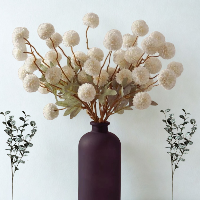 10 Stems Realistic Artificial Silk Mums - Neutral Beige & Eucalyptus Floral Set for Vase Arrangements (Soft Texture, Great Value）