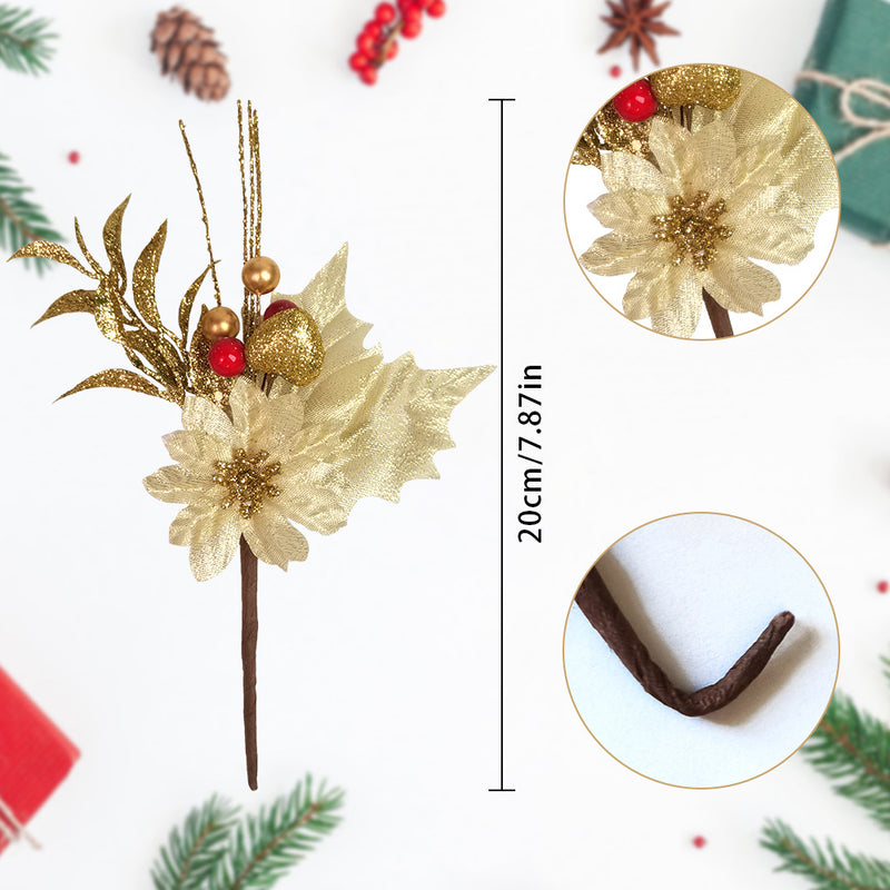 Lot de 10 tiges de fleurs dorées de Noël en vrac pour ornements