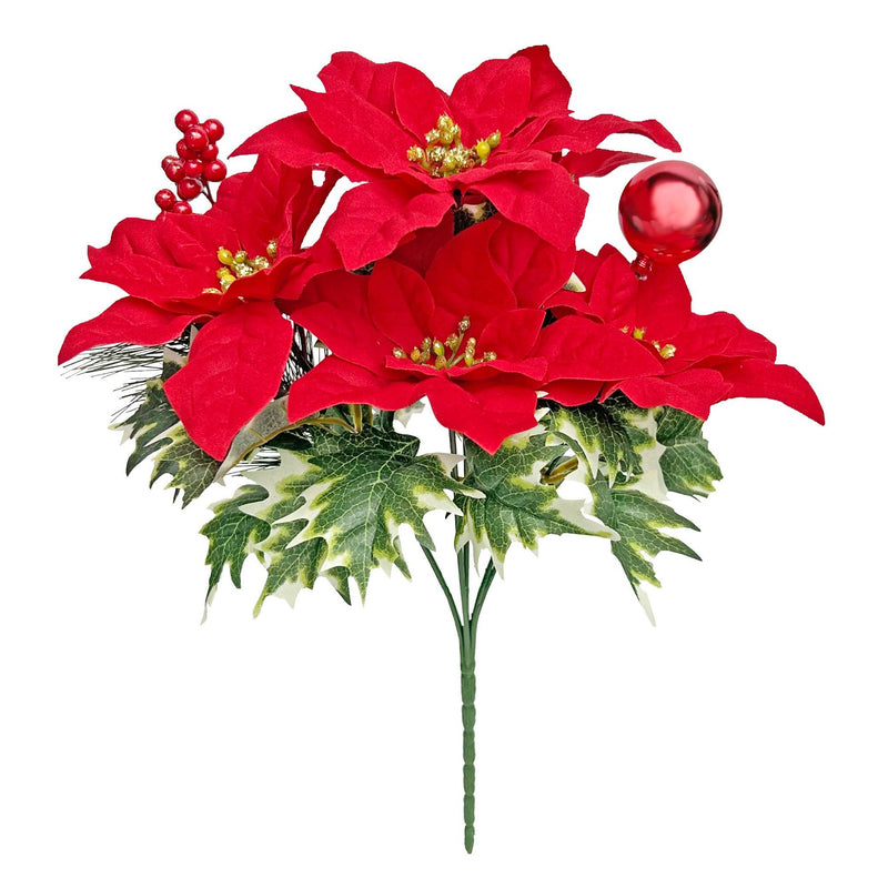 Bulk 13.7" Christmas Artificial Poinsettia Bouquet - Velvet Fabric Flowers, Festive Home Decoration Wholesale