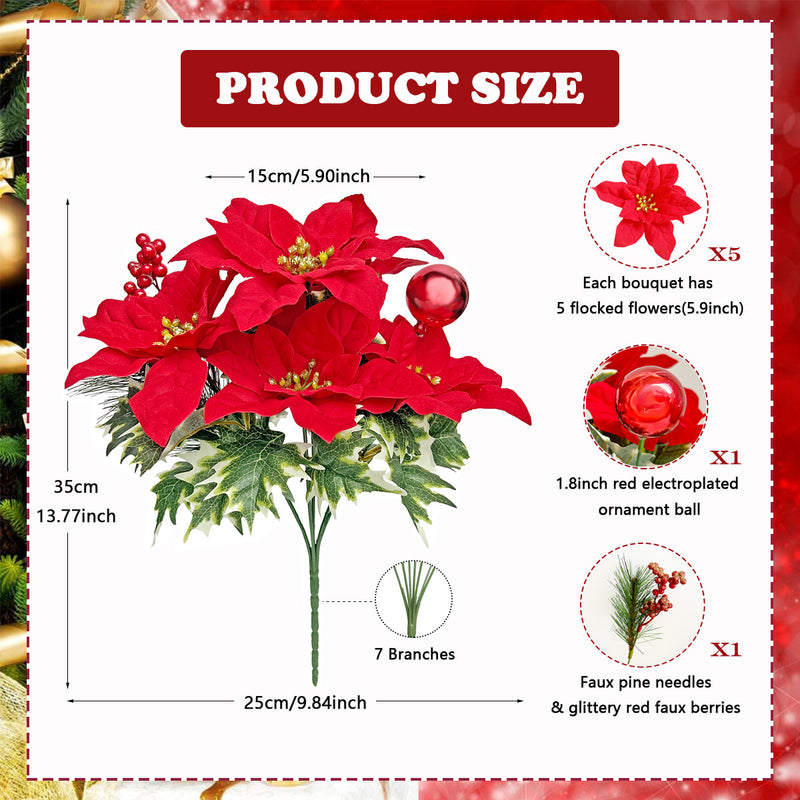 Bulk 13.7" Christmas Artificial Poinsettia Bouquet - Velvet Fabric Flowers, Festive Home Decoration Wholesale