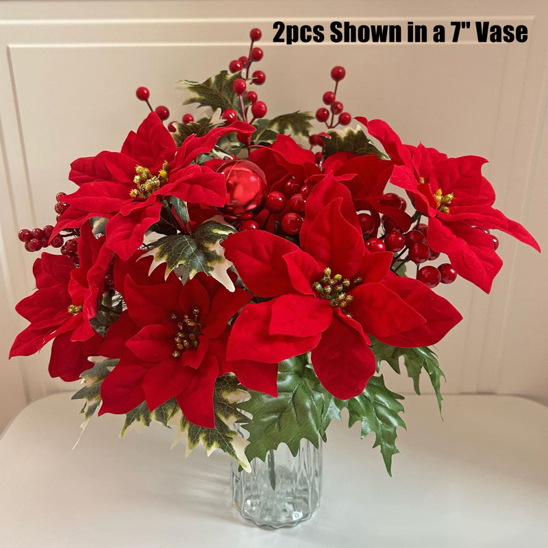 Bulk 13.7" Christmas Artificial Poinsettia Bouquet - Velvet Fabric Flowers, Festive Home Decoration Wholesale