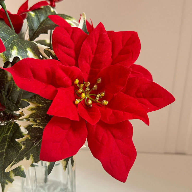 Bulk 13.7" Christmas Artificial Poinsettia Bouquet - Velvet Fabric Flowers, Festive Home Decoration Wholesale