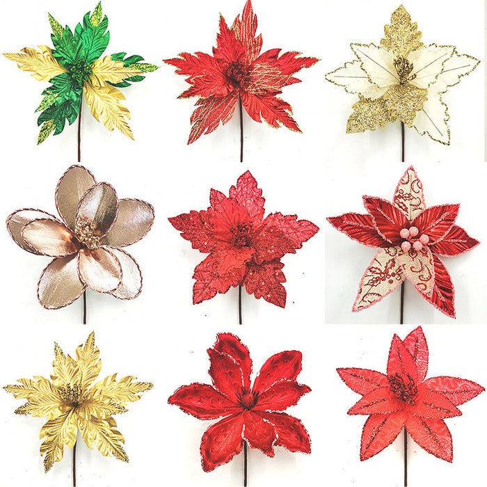 Bulk 10 inches Tall Glitter Christmas Poinsettia Flowers Stems Christmas Decorations Wholesale