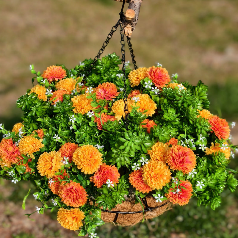 artificial hanging plant basket Bulk 12" Artificial Hanging Flowers in Basket Chrysanthemum Succulent in Coconut Basket Wholesale