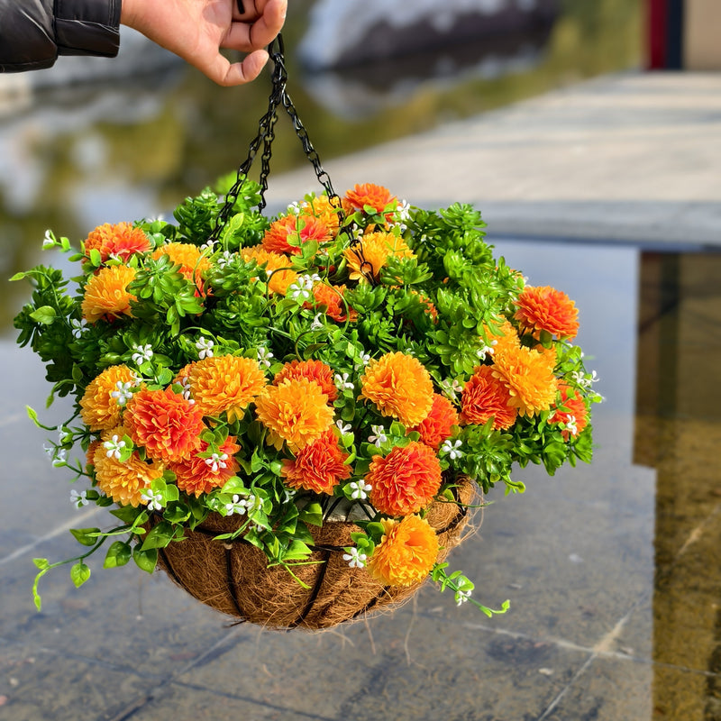 wholesale hanging baskets for plants Bulk 12" Artificial Hanging Flowers in Basket Chrysanthemum Succulent in Coconut Basket Wholesale