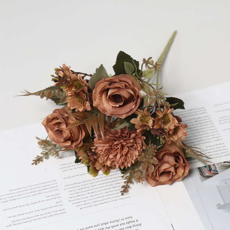 Bulk 11.8" Artificial Rose Bush Bouquet Mixed with Mum & Daisy Realistic Small Flowers for Table Small Arrangement Home Decor Wedding DIY Wholesale