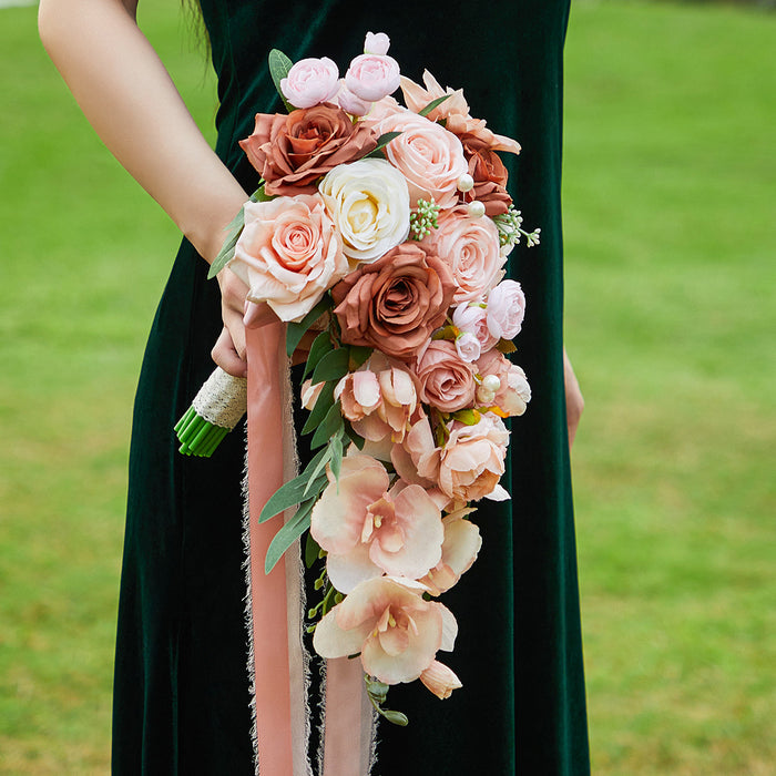 Bulk 9" Retro Coral Champagne Sunset Orchid Cascading Bridal Wedding Bouquets Wholesale